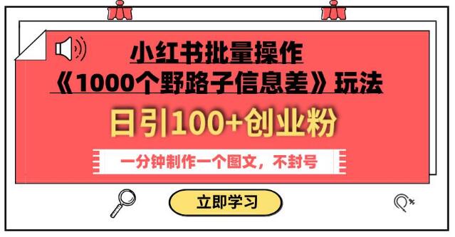小紅書批量操作《1000個野路子資訊差》玩法，日引100+創業粉，一分鐘一個圖文
